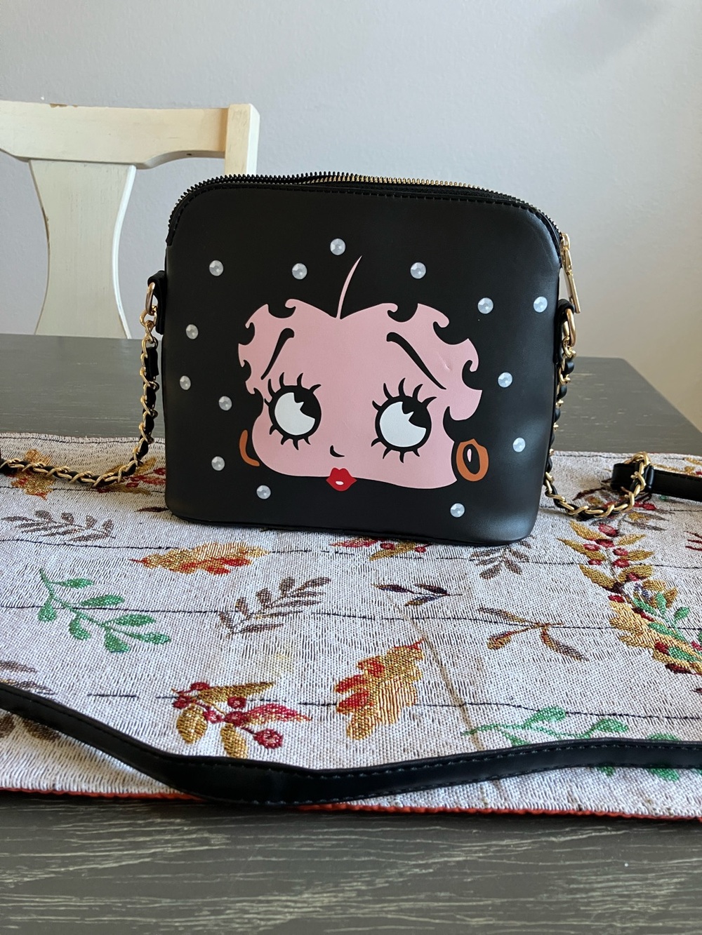 Betty Boop Inspired Black Crossbody Bag with Pink Face and Gold Chain